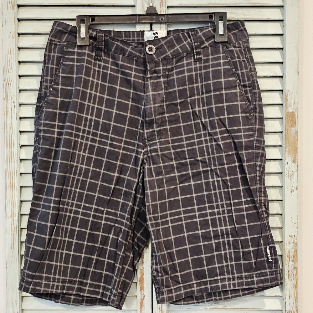 VTG Y2K SURPLUS PLAID PREPPY SHORTS Mens 30 Black/Gray Streetwear Surfer Skater